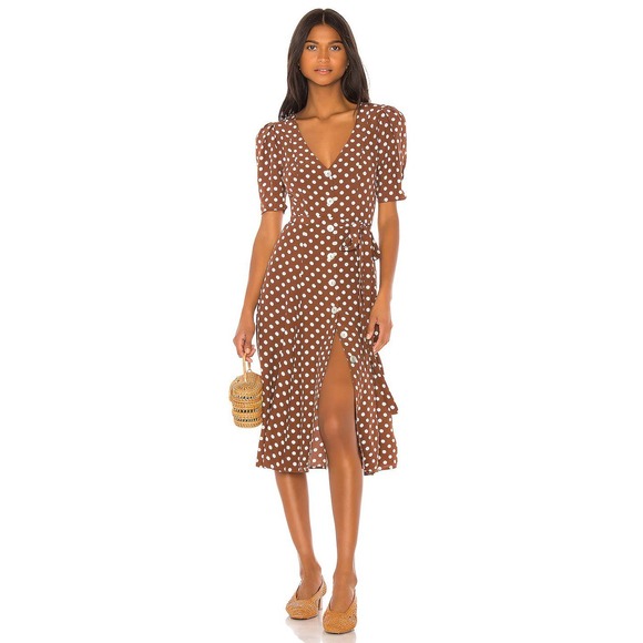 Revolve LPA Bambina Brown Polka Dot Dress Midi Button Front Short Sleeve Size XL - Picture 1 of 9